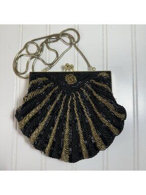Vintage 60’s 70’s Purse Black Gold Beaded Evening Bag Hong Kong Clamshell Clutch